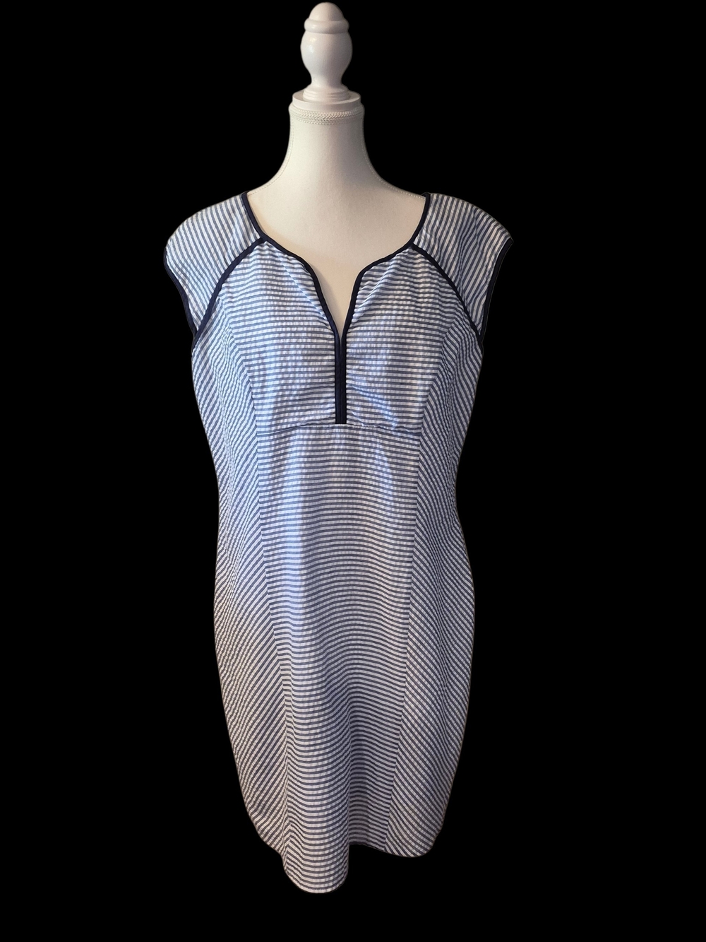 Duffield Lane Navy and White Striped Seersucker Midi Dress
